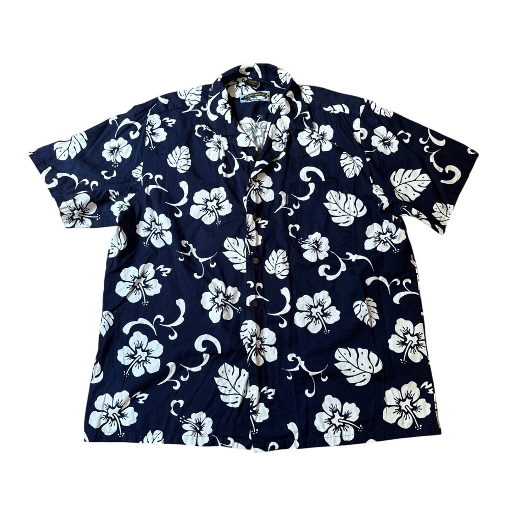 Palmwave Hawaiian Shirt Mens Navy Blue Hibiscus Floral‎ Tropical SIZE XL